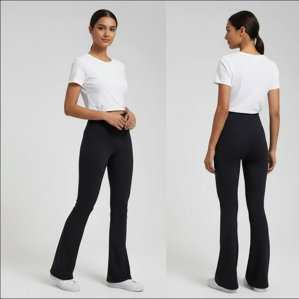 female wearing white top and LF flaired leggings