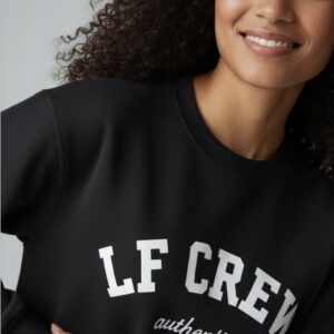 close up image of female wearing LF CREW sweatshirt