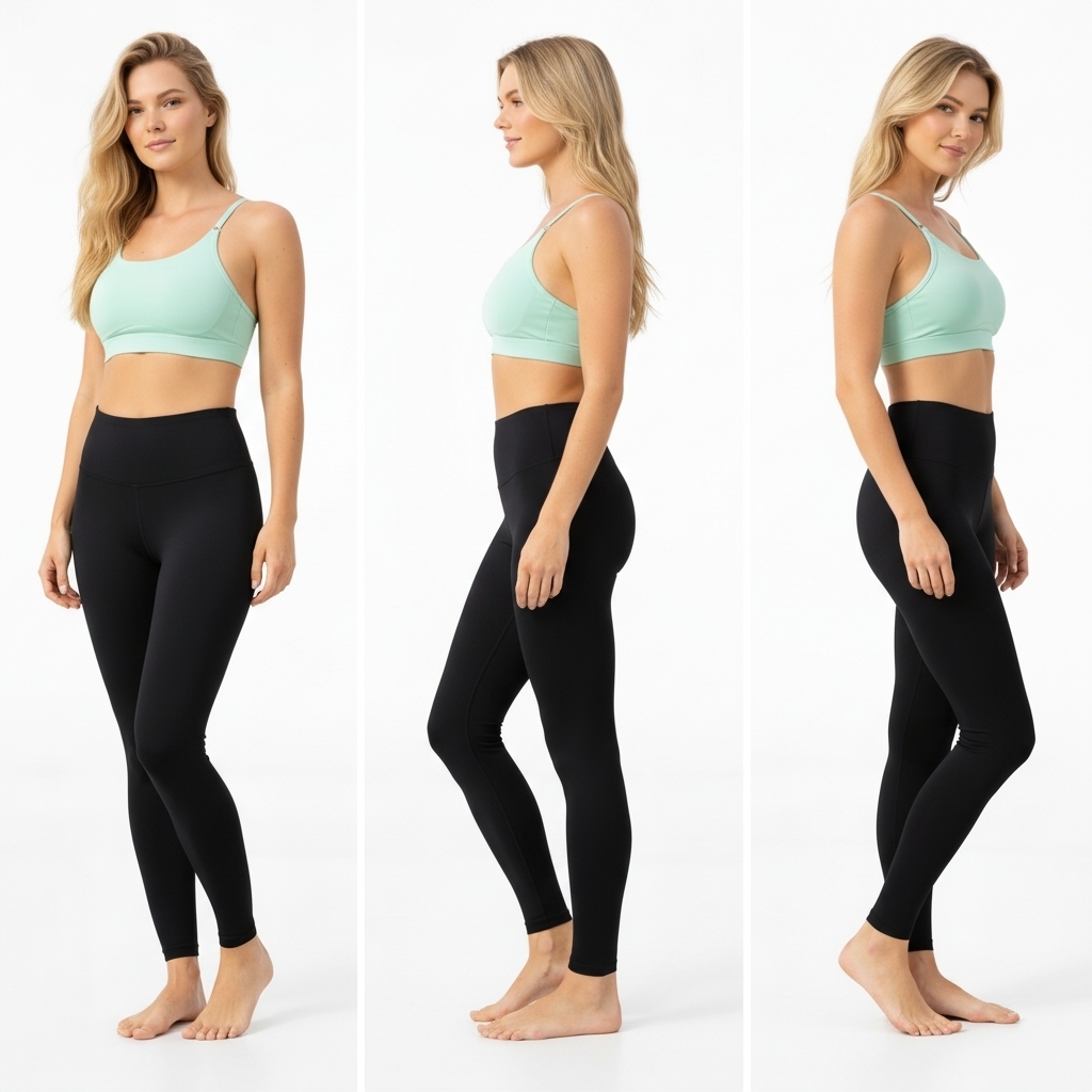 Picture of a female wearing a Mint green top and black leggings